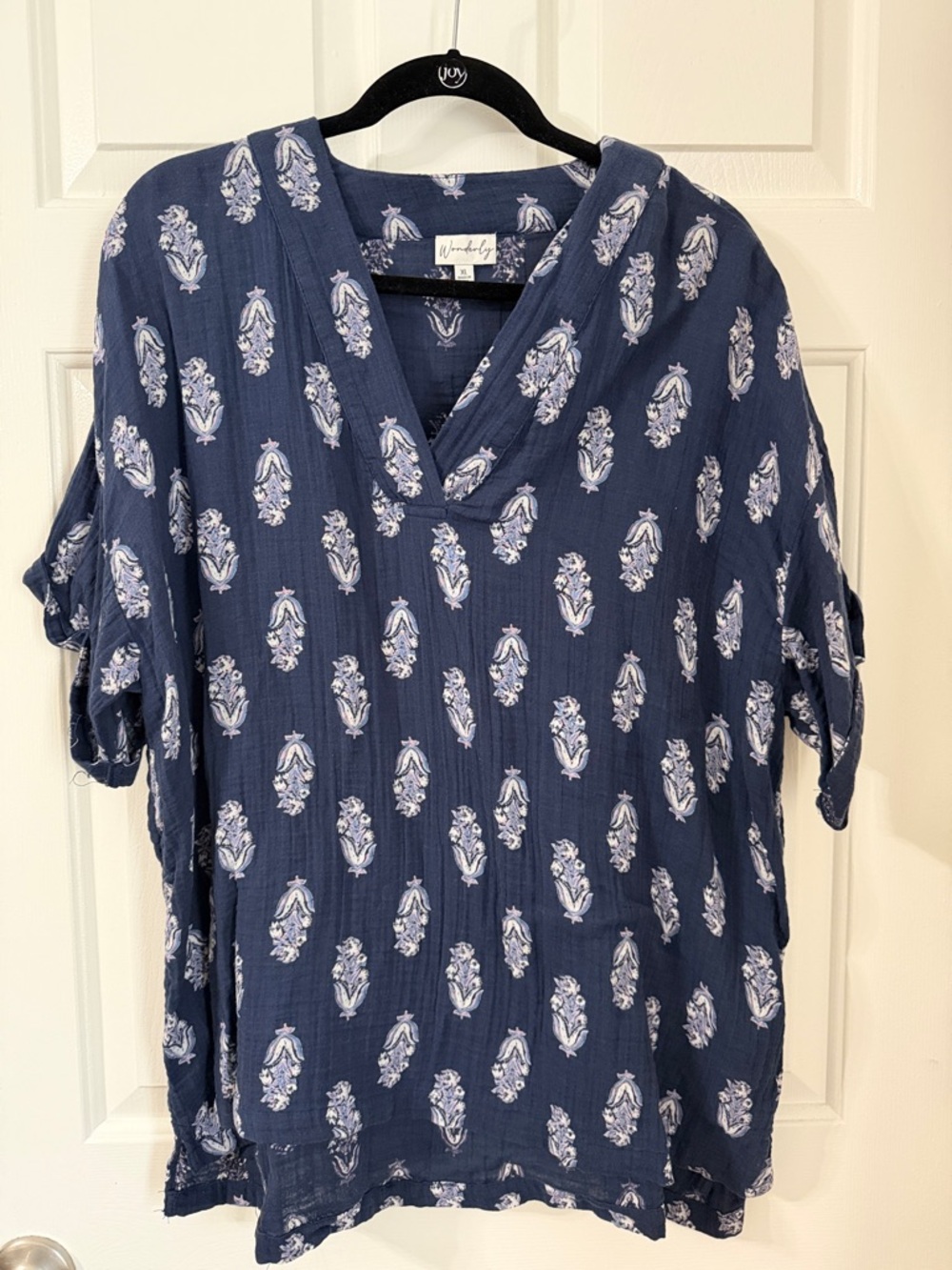 Wonderly Gauzy Short Sleeve Printed V Neck Top w/ Rolled Sleeve Cuffs